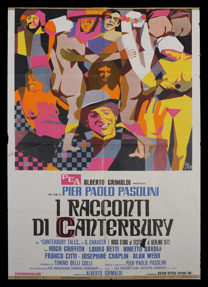 L'immagine riproduce uno dei manifesti conservati presso la Mediateca Regionale Pugliese (vedi Note). Si tratta di una delle versioni grafiche del manifesto del film “I racconti di Canterbury”, del 1972 per la regia di Pier Paolo Pasolini. Autore del manifesto è Sandro Symeoni, tra i pittori di cinema più prolifici, riconoscibile per una grande pittoricità, un gusto originale basato sulla bellezza formale e più tardi per composizioni moderne basate su ritmi spezzati e drammatici. La parte superiore del manifesto è occupata interamente dall’immagine che raffigura sette personaggi chiaramente riconoscibili dal volto e rappresentati con delle linee fortemente geometrizzate che ricordano le forme della corrente cubista. A prima vista sembra di osservare un gruppo confuso di...