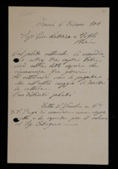 La Tipografia Valdemaro Vecchi comunica a Laterza di aver spedito alcune copie di volumi stampati e lo sollecita ad inviare una cassa per altre spedizioni e una coperta per volume di Georg W.F. Hegel dato a Raffaele Cotugno.