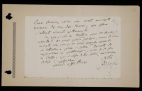 Nella cartolina, Benedetto Croce invita Giovanni Laterza a notificargli la ricezione del manoscritto del volume di David Hume e a distribuire con puntualità i fascicoli de "La Cultura".