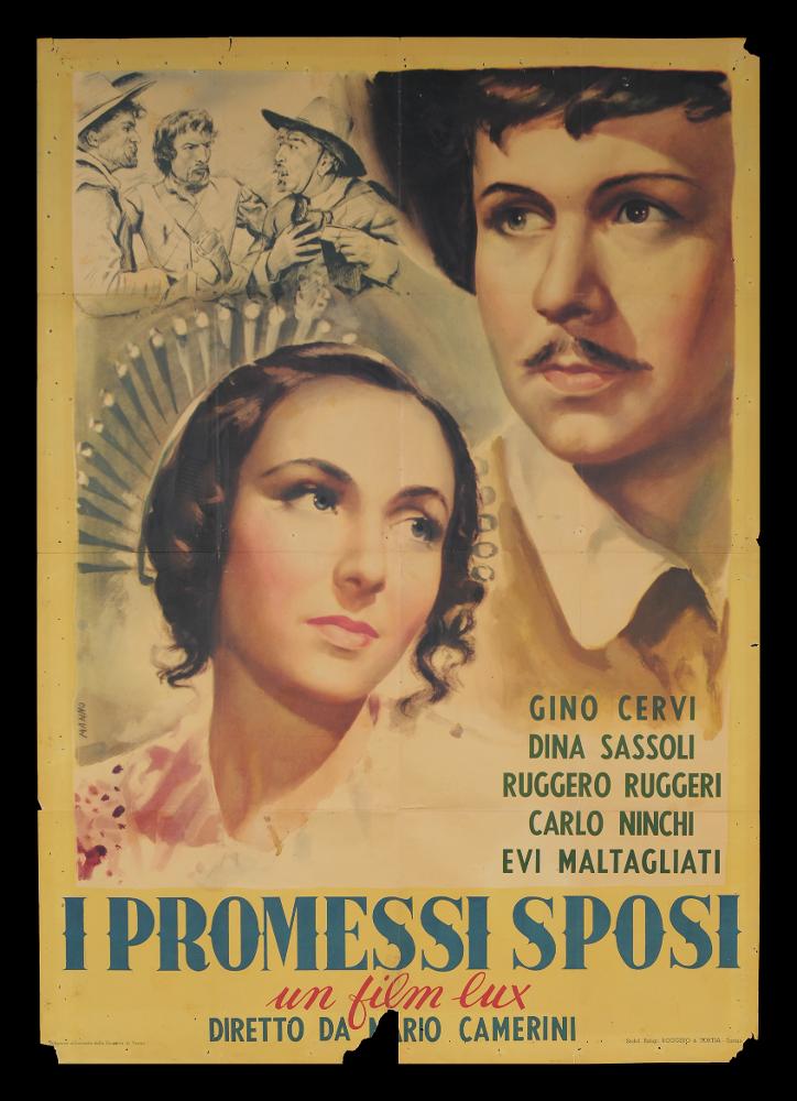 L'immagine riproduce uno dei manifesti conservati presso la Mediateca Regionale Pugliese (vedi Note). Si tratta di una delle versioni grafiche del manifesto del film "I promessi sposi" del 1941 diretto da Mario Camerini e prima rappresentazione sonora del romanzo manzoniano, dopo diverse edizioni per il cinema muto. Il manifesto, a firma dell’illustratore romano Manno Dante, allievo del grande artista Duilio Cambellotti, ha in primo piano i volti dei due protagonisti Renzo Tramaglino (Gino Cervi) e Lucia Mondella (Dina Sassoli) immortalati in maniera molto classica sia nei lineamenti del viso che nell’uso dei colori pastello per gli abiti e per la cornice. I due amanti presentano uno sguardo serafico che non lascia spazio alla passione amorosa propria di due giovani inn...