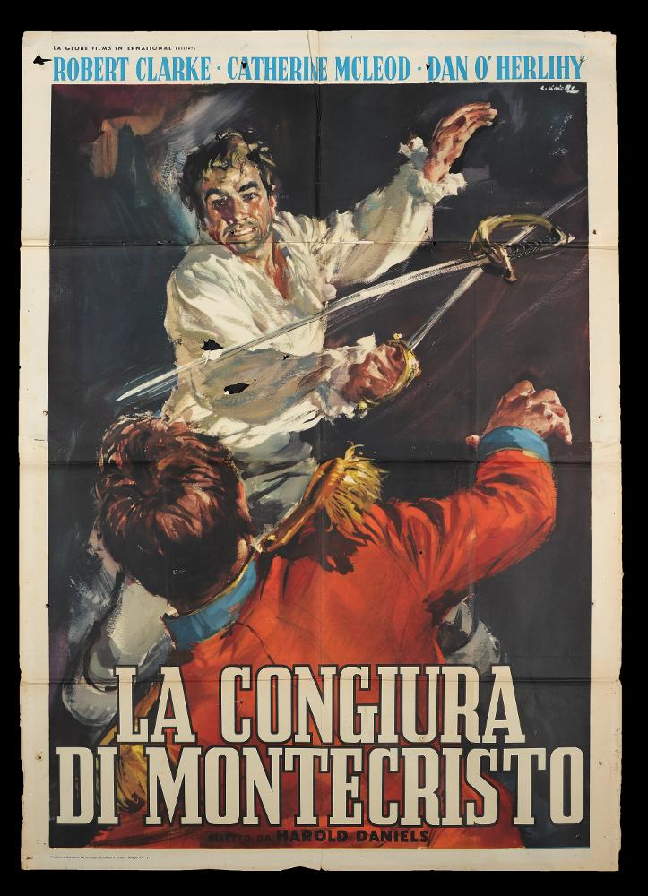 L'immagine riproduce uno dei manifesti conservati presso la Mediateca Regionale Pugliese (vedi Note). Si tratta di una delle versioni grafiche del manifesto a firma di Ciriello (Averardo Ciriello) per il film "La congiura di Montecristo", seguito del noto "Il Conte di Montecristo". Pittore dal linguaggio elaborato e dallo stile pittorico colto e maturo, sia nel ritratto che nelle scene narrative, Ciriello seppe caratterizzare le sue opere con l'uso di sfumature volumetriche, tocchi di colore morbidi "emotivi", che denotano una comunicazione visiva chiara e coinvolgente. Si ricorda come tra i più importanti disegnatori per manifesti del cinema italiano. Iniziò a lavorare come pubblicitario presso l’agenzia 'Non plus ultra' a Milano e poi presso la 'Ima', la più grande ag...