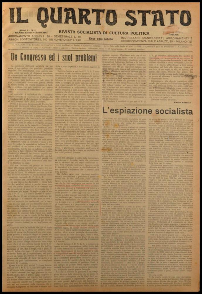 Il documento digitale è parte della collezione dell’emeroteca storica posseduta dall’Istituto pugliese per la storia dell’antifascismo e dell’Italia contemporanea di Bari (IPSAIC). Nello specifico la risorsa in oggetto riproduce il numero 27 del settimanale di attualità politica, fondato da Pietro Nenni e Carlo Rosselli, “Il Quarto Stato – Rivista socialista di cultura politica”, distribuito per un solo anno. Nel numero pubblicato il 9 ottobre del 1926 si ritrova la rubrica "La libreria del Quarto Stato" dedicata alle nuove pubblicazioni dal contenuto politico. Nello specifico vengono segnalati il testo di Arturo Labriola "L'attualità di Marx", risultato delle ultime lezioni universitarie del professore, raccolte sotto forma di saggio, secondo libro è "Storia di quattro...