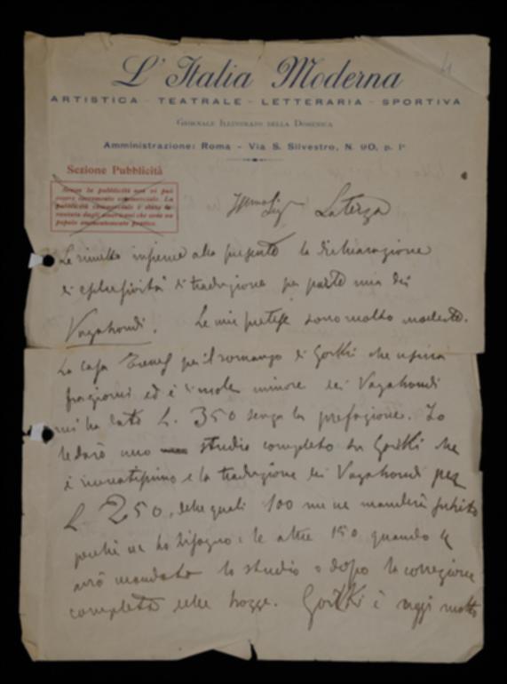 Nella lettera, Nino De Sanctis invia la dichiarazione di esclusività della traduzione dell'opera di Gorʹkij e comunica l'ammontare del suo compenso. Suggerisce, inoltre di pubblicare subito il volume e informa che invierà il manoscritto dello studio sull'autore.