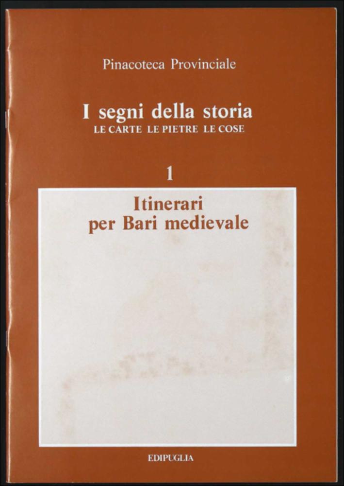La risorsa digitalizzata è il volume edito da Edipuglia nel 1981, a cura di Clara Gelao. È costituito in originale da una cartella contenente un libro di 40 pagine illustrate, 4 fascicoli suddivisi in Documenti, Storici locali, Iscrizioni, Cronache - ognuno con schede descrittive - e una carta topografica della città vecchia di Bari. Fu una prima pubblicazione basata su fonti storiche, realizzata per promuovere, valorizzare e diffondere la conoscenza del patrimonio locale tra cittadini, studenti, operatori culturali, che avrebbe creato un vero e proprio itinerario completo tra la Bari medievale e gli altri centri storici della provincia. Per quegli anni, il progetto editoriale concepito dalla Pinacoteca Provinciale di Bari e destinato alle scuole, si mostrò innovativo p...