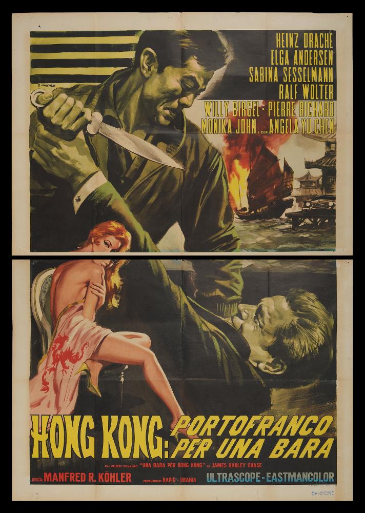 “Hong Kong: portofranco per una bara” (Ein Sarg aus Hongkong) è un film tedesco del 1964 diretto da Manfred R. Köhler, con la sceneggiatura firmata dallo stesso Manfred R. Köhler e da James Hadley Chase, autore del celebre romanzo “Una bara per Hong Kong”.
Tra gli interpreti principali ricordiamo Heinz Drache, Elga Andersen e Ralf Wolter.
Il manifesto cinematografico è firmato dal pittore Renato Casaro, uno tra i maggiori rappresentanti della grafica e del manifesto. Nato a Treviso nel 1935 comincia la sua carriera artistica da autodidatta ma in breve arriva a sviluppare un proprio stile di grande eleganza e raffinatezza formale. Tecniche diverse si mescolano nel suo linguaggio innovativo che si caratterizza sia per l’uso del pennello sia per quello dell’aerografo che g...