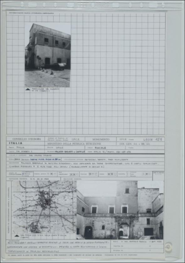 La scheda in oggetto è parte del volume “Censimento delle opere fortificate in Puglia”, risultato dell'attività promossa dalla Regione Puglia tra il 1981 e il 1982, per individuare e descrivere le principali costruzioni in muratura presenti nel territorio. Composta da due fogli sciolti, è redatta dall'ingegner Antonio Panico nel settembre 1981. Palazzo Basurto è situato a Racale in provincia di Lecce, nel centro storico. L’originario castello baronale con le torri risalgono al XIII secolo e interventi posticci sono databili fino al XVI secolo. La struttura di notevoli dimensioni si sviluppa secondo una planimetria irregolare individuando due cortili comunicanti ed un giardino posteriore; gli spazi sono organizzati su due livelli fuori terra. L’importanza e la ricchezza ...
