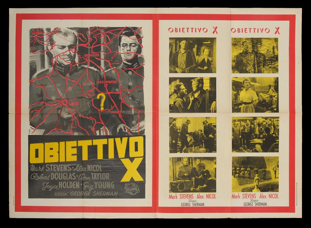 L'immagine riproduce uno dei manifesti conservati presso la Mediateca Regionale Pugliese (vedi Note). Si tratta del manifesto orizzontale del film "Obiettivo X", a firma di E. Nist., iniziali che possono indurre ad associarle al più noto Enzo (Lorenzo) Nistri, ma che nessuna fonte può confermare. La composizione si mostra molto originale, a partire dal formato, un manifesto 100x140, sviluppato insolitamente in versione orizzontale. Questo permette di dividere lo spazio in due parti: a sinistra una foto in bianco e nero tratta dal film è arricchita dall'illustrazione pittorica di Nist. che disegna con linee rosse una mappa geografica con punti e città strategiche, tutto arricchito dall'evidente titolo in giallo. A destra, una serie di immagini (virate in giallo) sempre t...