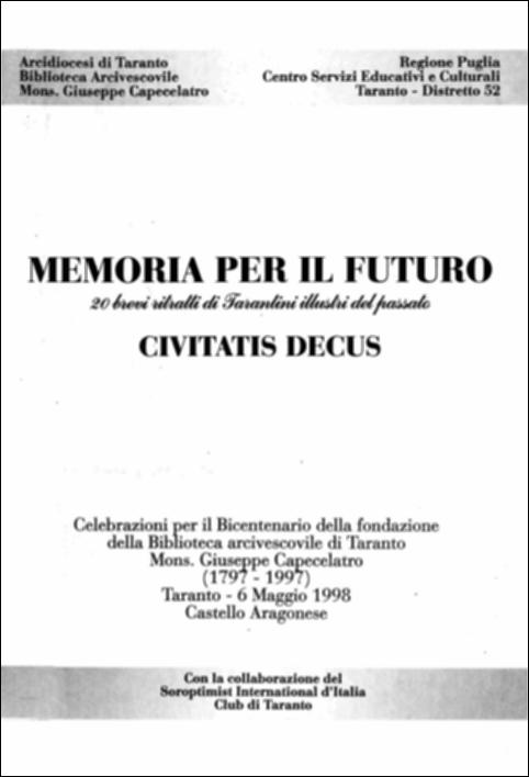 Il volume è parte della grande raccolta denominata “Libri di Puglia”, progetto di digitalizzazione a cura di Nicola Pergola che ha lo scopo di rendere fruibile la produzione editoriale dei Centri regionali di servizi educativi e culturali e degli Assessorati alla cultura e alla Pubblica Istruzione della Regione Puglia, dal 1968 agli anni 2000. La cartella – realizzata con l'Arcidiocesi di Taranto, la Biblioteca Arcivescovile e il club cittadino del Soroptimist International d'Italia – nasce in occasione del 200° anniversario della istituzione della Biblioteca Arcivescovile, intitolata al suo fondatore mons. Giuseppe Capecelatro. A venti tarantini illustri del passato sono singolarmente dedicate altrettante schede. Sul recto di ognuna è riportato in alto lo stemma di fam...