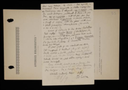 Nella cartolina, Benedetto Croce trasmette a Laterza gli indirizzi dei traduttori Emilio Cecchi e Giovanni Amendola per una revisione del volume “Worry the Disease of the Age” del fisico Caleb W. Saleeby e lo prega di inviargli copia dell'impaginato del volume di Johann F. Herbart spedito a Giovanni Gentile. Rammenta quindi all'editore la sua prossima partenza per Firenze e Perugia.
