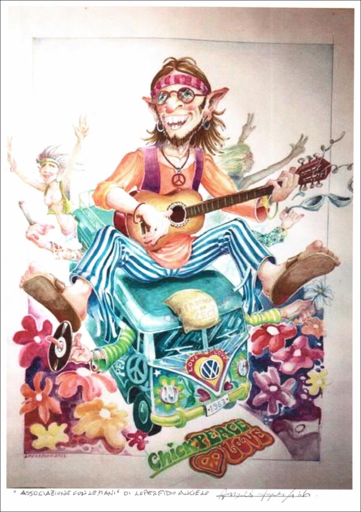<p>Il bozzetto "<strong>ChickPEACE & Love</strong>" è stato realizzato dall’Associazione <strong>Con le mani</strong> del Maestro Cartapestaio Angelo Loperfido.</p><p>La tematica affrontata è quella del movimento hippie; una ventata di aria nuova e “colorata” (figli dei fiori), che contrapponeva alla cultura corrente, fatta di istituzioni, di dogmi, di politica del consumismo e di guerra (Vietnam), la controcultura dell’amore, della fratellanza, della libertà personale e sessuale, della pace.</p><p>Nel nostro viaggio indietro nel tempo abbiamo immaginato una comunità hippie che, a bordo del noto pulmino Volkswagen, grazie alla Farinella – sfarinato di ceci – si ritrova in una condizione di festa e di allegr...