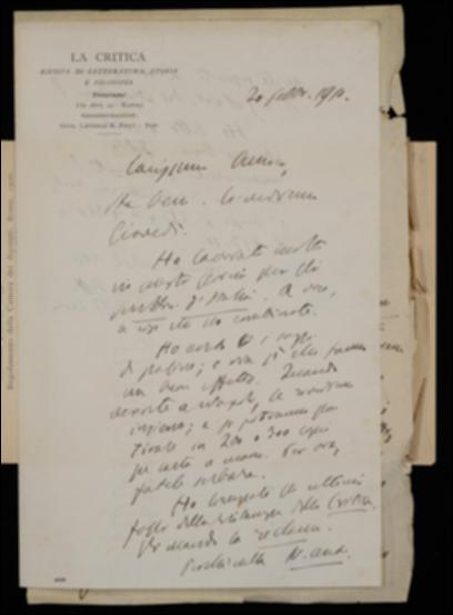 Fissato l'appuntamento a Napoli con Giovanni Laterza, Benedetto Croce gli esprime la sua soddisfazione per i saggi di pagine dei volumi degli Scrittori d'Italia e gli anticipa che gli esporrà di persona diverse questioni riguardanti la collana. Avverte poi di aver licenziato la ristampa dell'annata 1904 de “La Critica”, allegando il testo per la réclame. Infine il filosofo segnala un'incongruenza tra il prezzo effettivo del volume di Fausto Nicolini e quello pubblicizzato nella “Nuova Antologia”.