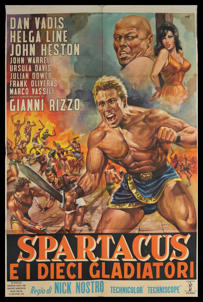L'immagine riproduce uno dei manifesti conservati presso la Mediateca Regionale Pugliese (vedi Note). Si tratta di uno dei manifesti del film “Spartacus e i dieci gladiatore” del 1964 per la regia di Nick Nostro, a firma di Mos. Nato a La Spezia Mario De Berardinis, appartenente alla terza generazione di pittori di cinema, si trasferì a Roma dove ebbe il privilegio di divenire allievo di Averardo Ciriello e di Rodolfo Gasparri, tra i maggiori cartellonisti del tempo. Nella capitale riuscì ad aprire un suo studio grafico ed iniziò molte collaborazioni con diverse case di produzione. Tre sono le firme che ritroviamo sulle sue opere: all’inizio delle sua carriera firmava con il suo nome Mario De Berardinis, dagli anni Sessanta al 1975 circa utilizzò lo pseudonimo Mos (la p...
