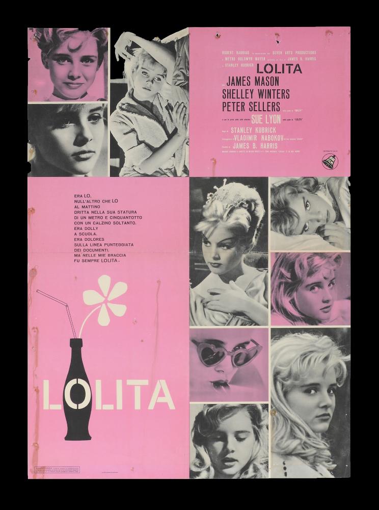 L'immagine riproduce uno dei manifesti conservati presso la Mediateca Regionale Pugliese (vedi Note). Si tratta del manifesto del film "Lolita", iconico film degli anni '60 diretto da Stanley Kubrick. La composizione è totalmente di stampo grafico pubblicitario, fatto da un bel collage di foto di scena che ritraggono l'attrice Sue Lyon - per la prima volta sullo schermo - nei panni di Lolita. Il colore rosa è dominante, netto e caratterizzante, rendendo l'idea di un film sentimentale, sensuale e nuovo. D'altronde fu un film che segnò un'epoca generazionale, dando vita allo stereotipo femminile di una ragazza seducente e libera. Completano lo spazio compositivo il titolo, un'illustrazione (tra i simboli di "Lo") e un testo poetico....