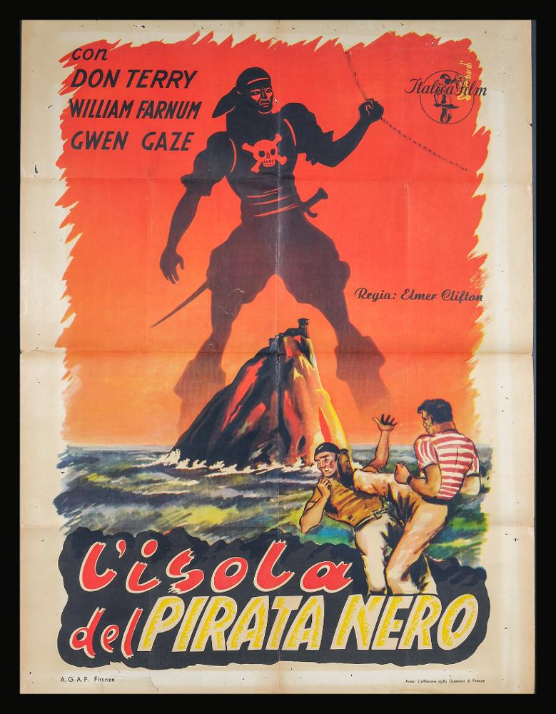 L'immagine riproduce uno dei manifesti conservati presso la Mediateca Regionale Pugliese (vedi Note). Si tratta di una delle versioni grafiche per il manifesto del film "L’isola del pirata nero" del 1938 per la regia di Elmer Clifton. La composizione non presenta alcuna firma ma ben rientra nello stile delle opere grafiche cinematografiche di fine anni Trenta, inizio anni Quaranta. Il pubblico ha modo di osservare un’opera non realistica ma ricca di fantasia, non solo nella disposizione degli elementi e nella loro proporzione ma anche per i soggetti che si muovono sulle scene immortalate. Su uno sfondo arancione che verosimilmente vuole rappresentare uno scenario al tramonto, si erge un grande uomo, un pirata rappresentato completamente nero. Sotto di lui, al centro di ...