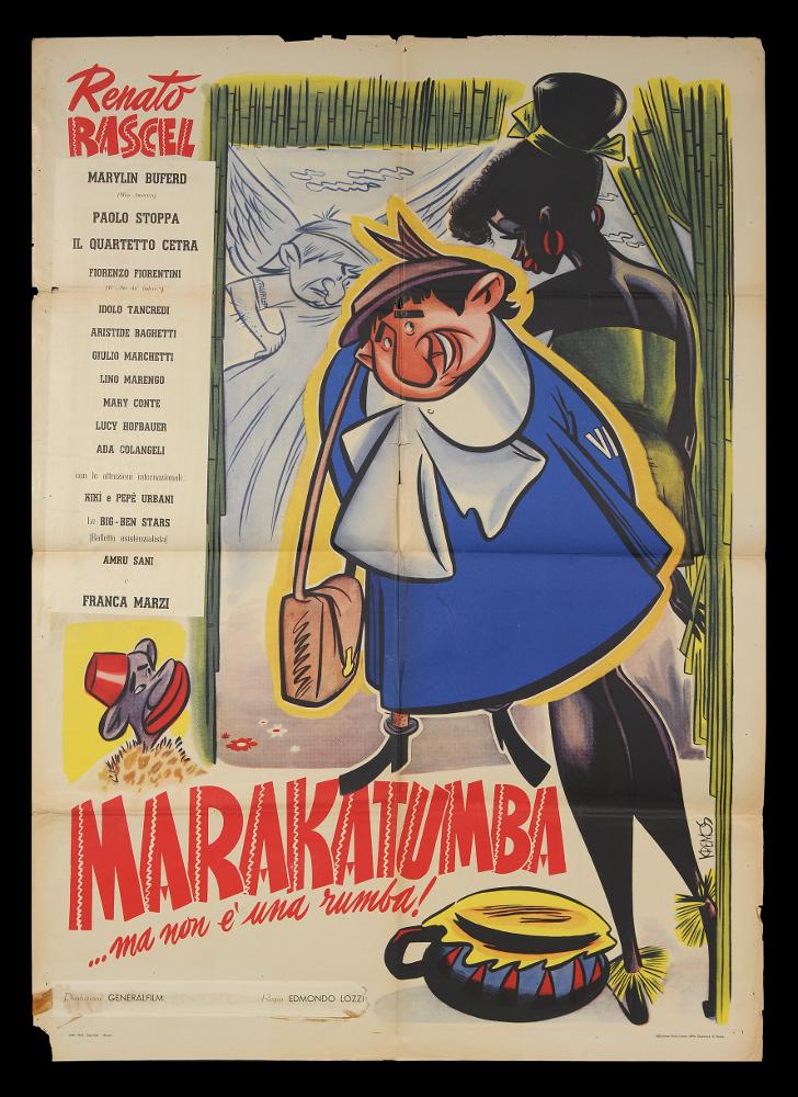 L'immagine riproduce uno dei manifesti conservati presso la Mediateca Regionale Pugliese (vedi Note). Si tratta di uno dei manifesti del film “Marakatumba, ma non è una rumba...!” del 1949 per la regia di Edmondo Lozzi, a firma dell’illustratore Kremos. Nome d'arte di Niso Ramponi, fu un disegnatore dalle qualità eccezionali; seppe contraddistinguersi per il suo stile fumettistico che esaltava la donna, con forme sensuali volutamente accentuate, in pieno stile pin-up. Non a caso, fu ironicamente soprannominato il "Sovrano di donnine" de Il Travaso, uno dei più popolari giornali umoristici italiani del Novecento. La collaborazione con il giornale iniziò nel 1948 e le sue figure femminili in copertina portarono ad un aumento notevole delle tirature. Riconoscibili, le donn...
