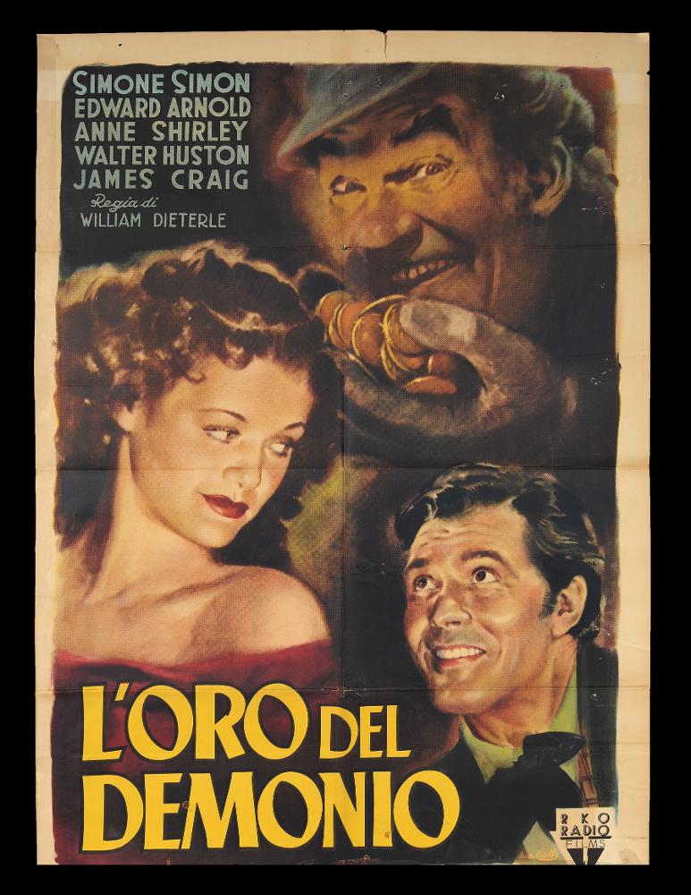 L'immagine riproduce uno dei manifesti conservati presso la Mediateca Regionale Pugliese (vedi Note). Averardo Ciriello firma il dipinto per il manifesto del film americano "L'oro del demonio". Pittore dal linguaggio elaborato e dallo stile pittorico colto e maturo, sia nel ritratto che nelle scene narrative, Ciriello seppe caratterizzare le sue opere con l'uso di sfumature volumetriche, tocchi di colore morbidi "emotivi", che denotano una comunicazione visiva chiara e coinvolgente. Si ricorda come tra i più importanti disegnatori per manifesti del cinema italiano. Iniziò a lavorare come pubblicitario presso l’agenzia 'Non plus ultra' a Milano e poi presso la 'Ima', la più grande agenzia di pubblicità in Italia. Il suo talento come disegnatore di arte figurativa lo port...