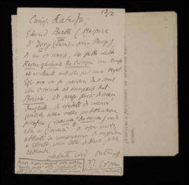 Nella cartolina, Benedetto Croce riferisce a Laterza di un'ottima recensione apparsa in Francia ad un volume della collana filosofica e a tal fine gli suggerisce di inviarne altri.