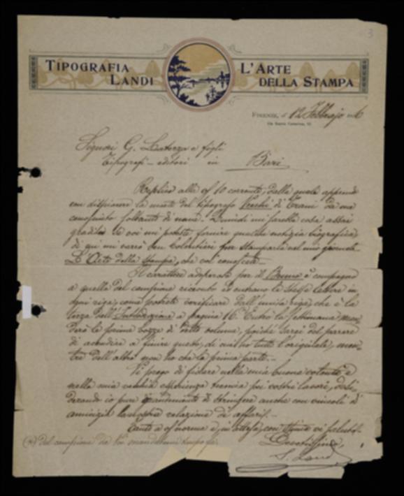 Nella lettera Salvatore Landi comunica all'editore Laterza che spedirà a breve le prime bozze del volume di Giordano Bruno, allegando una riga di saggio. Poi lo informa che per il momento è rinviata la stampa delle bozze di un altro volume. Infine gli chiede notizie biografiche sul defunto tipografo Valdemaro Vecchi.