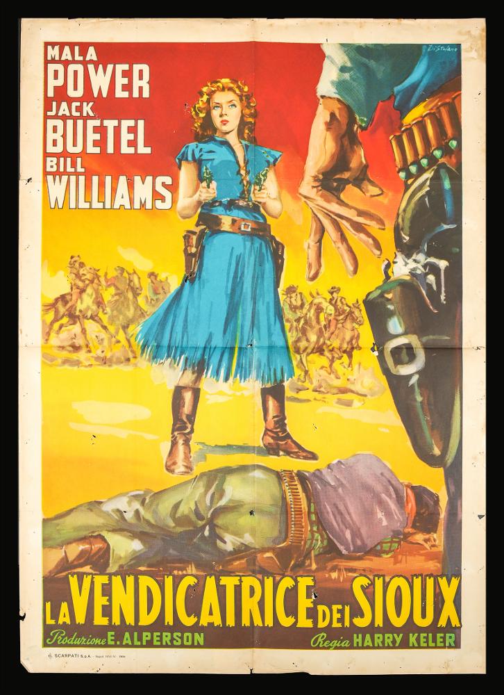 L'immagine riproduce uno dei manifesti conservati presso la Mediateca Regionale Pugliese (vedi Note). Si tratta di una delle versioni grafiche del manifesto del film western “La vendicatrice dei Sioux” del 1952 per la regia di Harry Keller. La composizione grafica è a firma del pittore Di Stefano G. come si evince dalla firma in alto a destra. Autore narrativo vicino ad altri interpreti della pittura di cinema dell'epoca e autore di molti manifesti di film legati al genere western, Di Stefano utilizza tutto lo spazio compositivo a disposizione. Emerge la figura femminile al centro, indiscussa protagonista del film, dietro di lei un gruppo di uomini a cavallo, forse i Sioux, non delineati nettamente. In primissimo piano e di spalle forse un cowboy espediente che aiuta il...