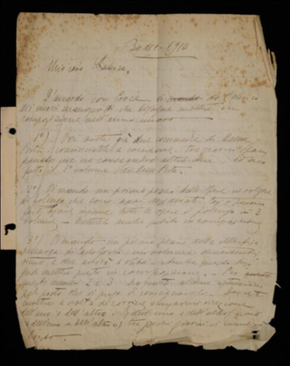 Nella lettera, Fausto Nicolini fornisce a Giovanni Laterza l'elenco, concordato con Benedetto Croce, dei volumi degli Scrittori d'Italia progettati per il nuovo anno ovvero: il secondo volume di Giambattista Della Porta, di cui parte è già in tipografia e parte dev'essere ancora consegnata dal curatore Vincenzo Spampanato; il primo volume delle opere in volgare di Teofilo Folengo, di cui si invia una parte; “La Marfisa bizzarra” di Carlo Gozzi, della quale si invia una parte; un epistolario di Giambattista Marino, di cui il curatore Angelo Borzelli consegnerà presto il manoscritto; due volumi di Giovanni Berchet, che si comporranno quando sarà terminato quello di Jacopo Vittorelli; un volume di novelle di Girolamo Parabosco, che sarà inviato a metà gennaio; un volume di...