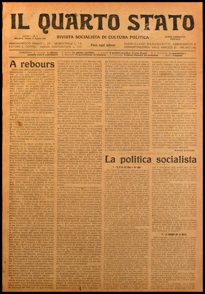 ll documento digitale è parte della collezione dell’emeroteca storica posseduta dall’Istituto pugliese per la storia dell’antifascismo e dell’Italia contemporanea di Bari (IPSAIC). Nello specifico la risorsa in oggetto riproduce il numero 4 del settimanale di attualità politica, fondato da Pietro Nenni e Carlo Rosselli, “Il Quarto Stato – Rivista socialista di cultura politica”, distribuito per un solo anno. Nel numero pubblicato il 17 aprile 1926, nella pagina dedicata alla Politica Estera, si legge un articolo che illustra la situazione greca dell'epoca. Una grave e profonda crisi morale attaccò un popolo che fu grande, probabilmente per colpa di coloro che "non si vogliono battere". L'articolo analizza il popolo e i suoi comportamenti poco interventisti in varie occa...