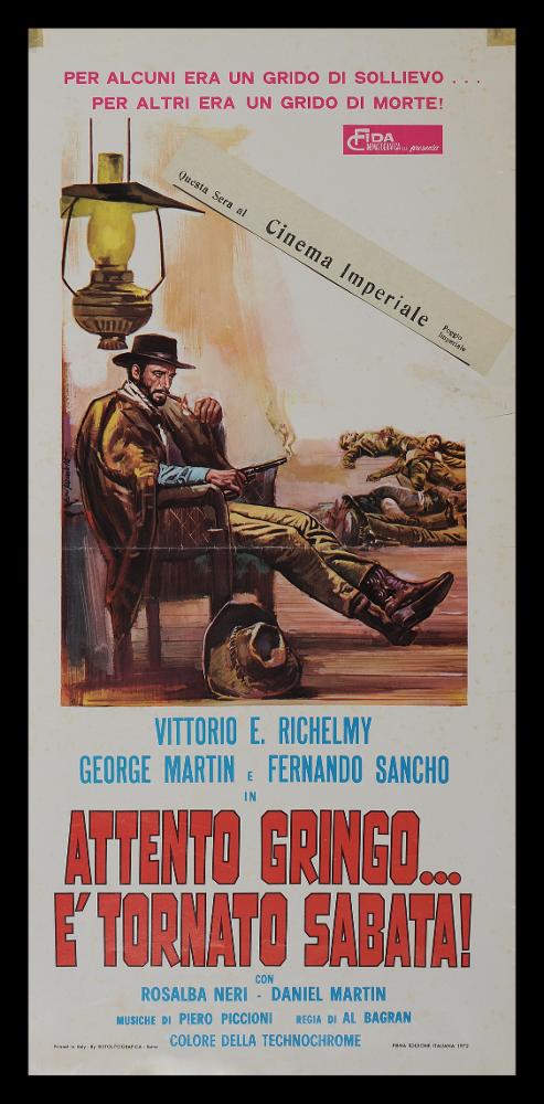 L'immagine riproduce uno dei manifesti conservati presso la Mediateca Regionale Pugliese (vedi Note). Si tratta della locandina del film "Attento gringo... è tornato Sabata!", a firma di Ezio Tarantelli. Noto per la produzione di illustrazioni per film minori e quelli del genere "Spaghetti western", Tarantelli è un artista e grafico, fondatore dello Studio E2 insieme al collega Enzo Sciotti. Anche per questo film western, Tarantelli concepisce una bella composizione ordinata e chiara. Pennellate decise e fluide, dettagli minuziosi, tonalità scure, calde e bei contrasti chiaroscurali ne fanno un'opera realistica, in cui si percepisce il clima selvaggio del vecchio West e i suoi personaggi divenuti leggendari....
