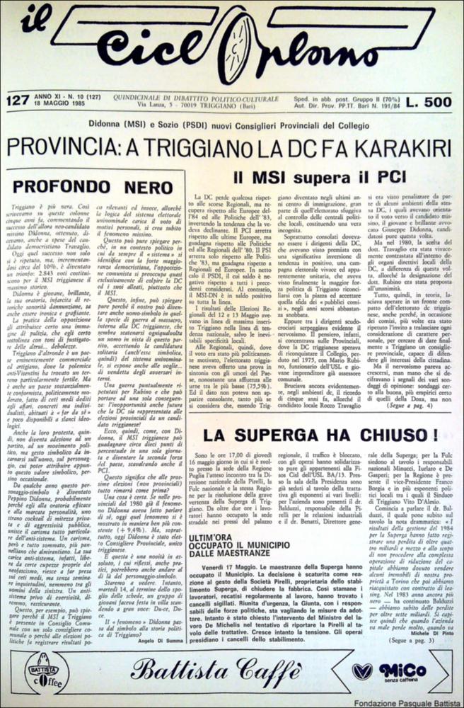 “Il Cicloplano” è un periodico della città di Triggiano (Ba), un quindicinale di dibattito politico-culturale e di cronaca locale e non solo dagli anni Settanta agli anni Ottanta.
La Fondazione Pasquale Battista si è occupata della digitalizzazione di alcuni numeri del suddetto periodico, allo scopo di conservare tale importante documentazione sulla storia di questa città.
La Fondazione, infatti, persegue la mission di incentivare la diffusione del patrimonio culturale locale e di diffondere le idee e la sensibilità dello storico Pasquale Battista, a cui la Fondazione è dedicata, per tramandare nel tempo il suo impegno sociale e la sua dedizione....