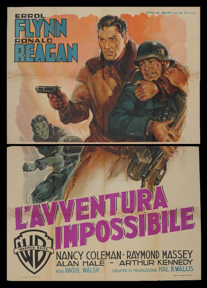 "L'avventura impossibile" (Desperate Journey) è un film statunitense del 1942 diretto da Raoul Walsh che ha come protagonisti Errol Flynn e Ronald Reagan.
Il manifesto cinematografico è a firma di Martinati. Toscano di nascita, Luigi Martinati può considerarsi uno degli interpreti della prima maniera del manifesto di cinema. Il manifesto presenta tutti gli elementi che contraddistinguono lo stile di Martinati: giochi di contrasto con colori netti, evidenziati dalla luce, volti ricchi di espressione ed intensità, e una malinconia velata che pervade tutta l'atmosfera.
Il manifesto originale è conservato nell’Archivio della Mediateca Regionale Pugliese ed è costituito da due fogli separati....