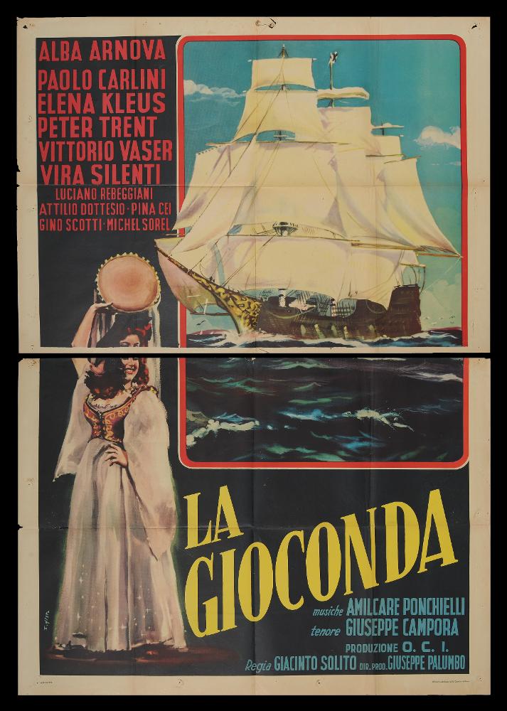 “La Gioconda” è un film del 1953 diretto da Giacinto Solito. Il soggetto è tratto dall'opera lirica omonima di Amilcare Ponchielli su libretto di Arrigo Boito.
La sceneggiatura è a firma di Arrigo Boito, Arpad De Riso, Vana Arnould.
Tra i principali interpreti ricordiamo Alba Arnova, Elena Kleus, Paolo Carlini, Peter Trent e il tenore Giuseppe Campora.
Il manifesto cinematografico è opera del celebre pittore di cinema Enzo Nistri, romano classe 1923. Enzo firmò numerosissimi manifesti, realizzati sia per commedie sia per film drammatici, col suo stile semplice ed elegante. Il suo tratto raffinato ma intenso si accompagna a colori netti e contrastati, denotando il suo gusto per la resa dei volumi. Singolari le sue composizioni in cui spesso i protagonisti sono in primo p...