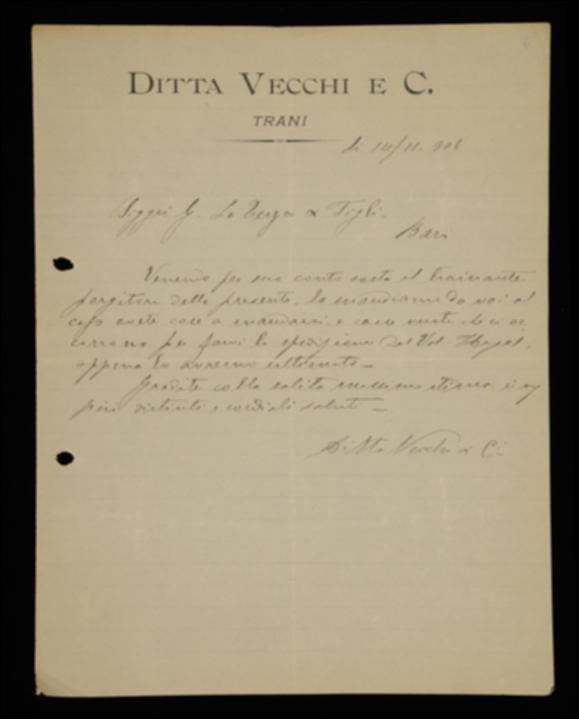 Con la lettera, la Tipografia V. Vecchi avvisa Laterza di aver mandato a ritirare alcune casse presso la casa editrice per potervi poi spedire le copie del volume di Georg W.F. Hegel.
