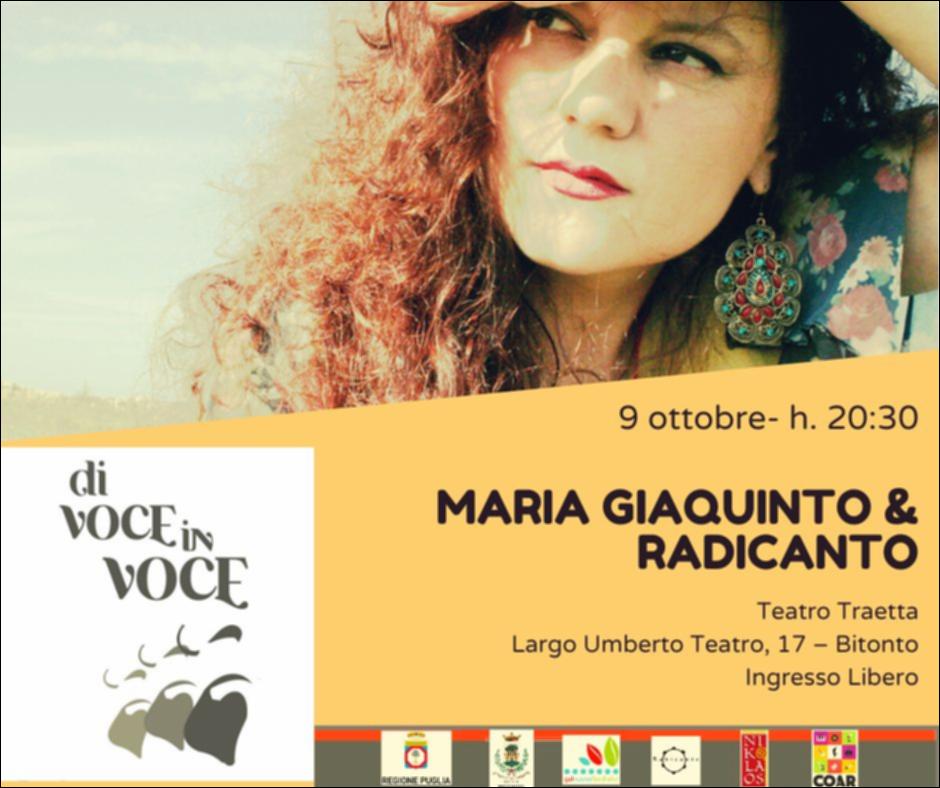 Il video presenta il concerto dei Radicanto & Maria Giaquinto nella serata conclusiva della XIV edizione del Festival “Di voce in voce” (9 ottobre 2022), presso il Teatro Traetta di Bitonto. Il concerto ha chiuso una serata dedicata al 100° anniversario della nascita di Pier Paolo Pasolini celebrato, nella sua prima parte, con l’esibizione dell'attrice romana Chiara Casarico, accompagnata alla chitarra dal direttore del festival Giuseppe De Trizio.
La XIV edizione del Festival è stata organizzata tra Bari, Bitonto e Poggiorsini dal 24 settembre al 9 ottobre 2022. La manifestazione, come sempre dedicata alle produzioni musicali originali nel genere d’autore e popolare, ha confermato la volontà di proporre concerti dal vivo di caratura nazionale e internazionale....
