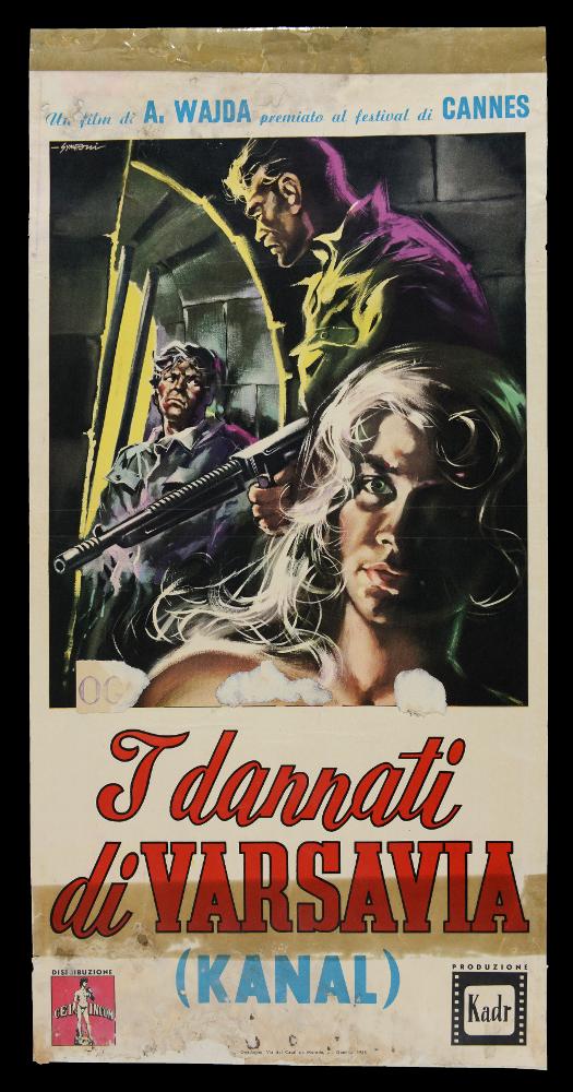 “I dannati di Varsavia” (titolo originale “Kanał”) è un film polacco del 1957 diretto da Andrzej Wajda, su sceneggiatura scritta da Jerzy Stefan Stawinski. Tra gli interpreti principali ricordiamo Teresa Izewska, Tadeusz Janczar, Wienczyslaw Glinski, Tadeusz Gwiazdowski.
La locandina cinematografica è firmata Symeoni. Nato a Ferrara nel 1928, Sandro Symeoni è considerato uno dei pittori di cinema più prolifici. Il suo stile si distingue per una grande pittoricità e un gusto originale basato sulla bellezza formale. Il suo linguaggio figurativo si è evoluto nel tempo. Fino agli inizi degli anni Sessanta le sue figure sono scolpite, volumetriche e senza ombre. Caratteristici i suoi personaggi a figura intera, figure femminili accattivanti o misteriosi individui che diventa...