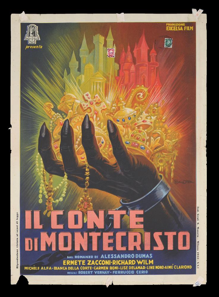 L'immagine riproduce uno dei manifesti conservati presso la Mediateca Regionale Pugliese (vedi Note). Si tratta di una delle versioni del manifesto del film "Il Conte di Montecristo", a firma di Anselmo Ballester (Ballester). Classe 1897, spagnolo di origine, è considerato uno dei capostipiti della pittura di cinema, formatosi presso lo studio pubblicitario dedicato al cinema fondato dal padre Federico insieme a Martinati e Capitani, il primo assoluto in Italia. Le opere più famose di Ballester sono composte di atmosfere nebbiose ed effetti drammatici, colori cupi e tonali. Una composizione straordinaria caratterizza la locandina in oggetto: Ballester non sceglie di riprodurre i volti degli attori protagonisti, un classico per l'epoca per attirare il pubblico, ma rappre...