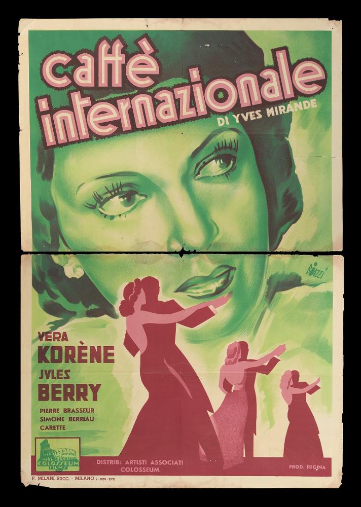 L'immagine riproduce uno dei manifesti conservati presso la Mediateca Regionale Pugliese (vedi Note). Si tratta di uno dei manifesti del film in bianco e nero “Caffè internazionale” del 1938 per la regia di Yves Mirande e Georges Lacombe. La firma che si legge è dell’illustratore milanese Biazzi Sandro (Biazzi) riconoscibile per la prima delle due “i” in grassetto. Ingegno poliedrico, fu pittore, scultore, xilografo, acquafortista, scenografo e studiò all’Accademia di Brera a Milano con Adolfo Wildt. Si distinse anche nell’editoria artistica, fondando e dirigendo le riviste settoriali “Il Poligono” e “Il 900 Italiano” e divenne direttore generale artistico de “Italia”. Biazzi in questo manifesto riesce a trasmettere l’atmosfera plumbea della trama del film a partire dal...