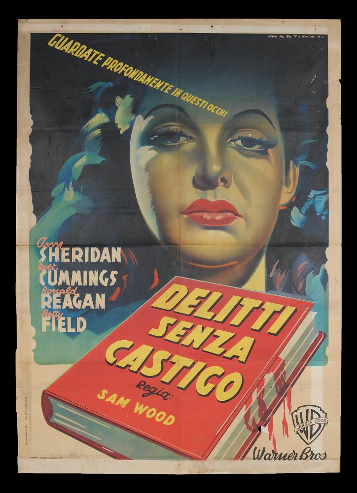 L'immagine riproduce uno dei manifesti conservati presso la Mediateca Regionale Pugliese (vedi Note). Si tratta della locandina del film "Delitti senza castigo", la cui illustrazione è a firma di Martinati. Toscano di nascita, Luigi Martinati può considerarsi uno degli interpreti della prima maniera del manifesto di cinema. Eleganza ed espressione contraddistinguono il suo stile, che si può percepire dalla serie dei manifesti conservati in questa collezione. Anche in questa composizione bellissimi sono i giochi di contrasto con colori netti e carichi; i toni freddi dei blu e dei verdi esalta quelli aranciati e rossi delle labbra e del libro. In uno spazio onirico ed etereo, accentuato dal fondo nero che non lascia trasparire né luogo né tempo, il volto della protagonist...