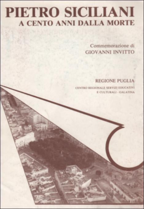 Il volume è parte della grande raccolta denominata “Libri di Puglia”, progetto di digitalizzazione a cura di Nicola Pergola che ha lo scopo di rendere fruibile la produzione editoriale dei Centri regionali di servizi educativi e culturali e degli Assessorati alla cultura e alla Pubblica Istruzione della Regione Puglia, dal 1968 agli anni 2000. Pubblicato in occasione del centenario della morte di Pietro Siciliani – filosofo e pedagogista galatinese, impegnato nell'opera di rinnovamento della scuola – l'opuscolo vuole essere un contributo alla conoscenza del lavoro, della vita e del giudizio che i contemporanei dettero dell'illustre scomparso. Un saggio critico di Giovanni Invitto fa luce sulle disavventure critiche del Siciliani – gradito al Carducci ma avversato dal Ge...