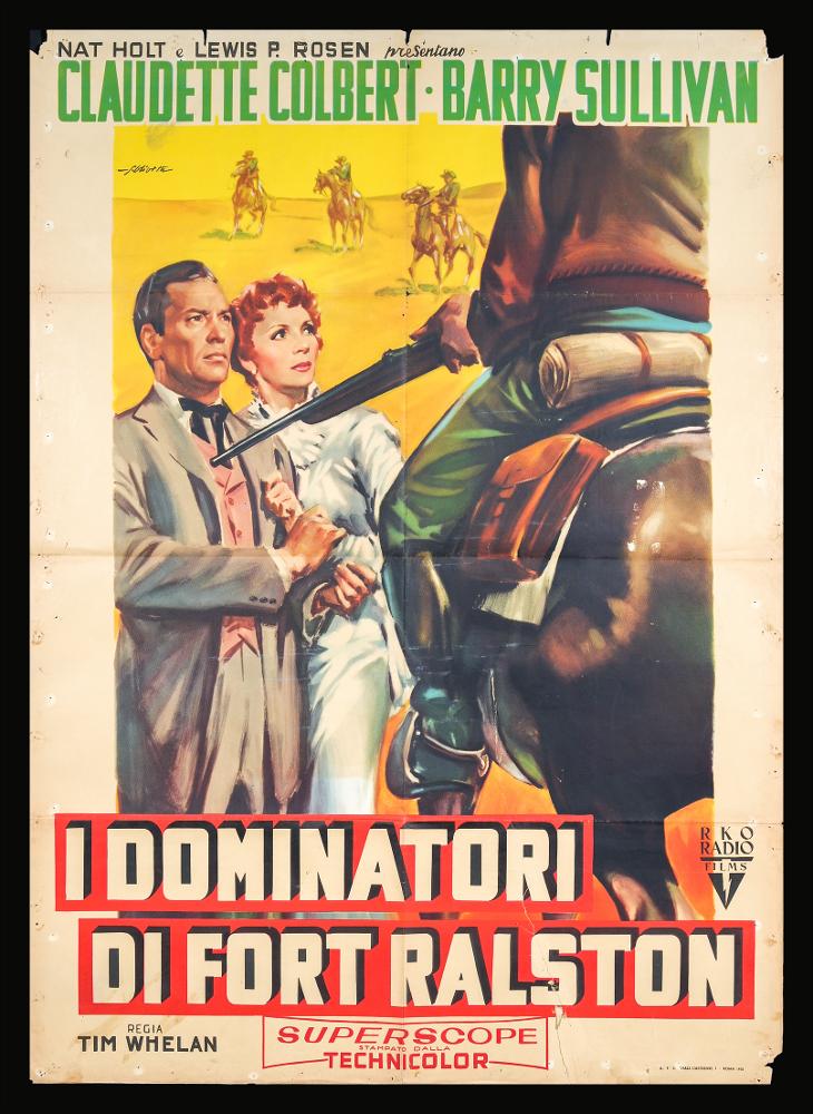 L'immagine riproduce uno dei manifesti conservati presso la Mediateca Regionale Pugliese (vedi Note). Si tratta di una delle versioni grafiche del manifesto del film "I dominatori di Fort Ralston", a firma dell'illustratore bolognese Giorgio Olivetti. Classe 1908, Olivetti caratterizza le sue prime opere da uno stile morbido, sfumato, fatto di acquerelli delicati che rendono il volume anche grazie ad un uso sapiente dei chiaroscuri. Eleganza e realismo contraddistinguono anche questo manifesto, in cui il punto di vista è insolito, catapulta lo spettatore all'interno della scena e dell'ambientazione western del film. I colori brillanti e vivaci, i dettagli ricchi e puntuali gli permettono di esaltare la composizione e il suo stile pittorico di entrare in empatia con i pe...