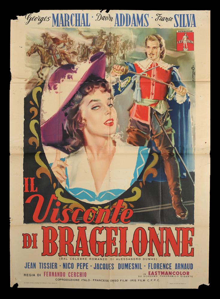 L'immagine riproduce uno dei manifesti conservati presso la Mediateca Regionale Pugliese (vedi Note). Si tratta del manifesto del film "Il visconte di Bragelonne” del regista Fernando Cerchio. La firma che si legge in alto sul lato destro, è dell’illustratore veneziano Angelo Cesselon, considerato tra i pittori di cinema più originali di tutti i tempi. In questa composizione sono presenti molti dei tratti peculiari del suo stile come l’uso di un cromatismo vibrante reso grazie a colpi veloci e brevi di pennello e di spatola, visibile tanto nello sfondo quanto nella rappresentazione dei personaggi. L’artista privilegia l’uso di colori acquerellati e, in un secondo momento, tinte più coprenti come il rosso, verde, blu e il fucsia. In primo piano il volto femminile, simile...