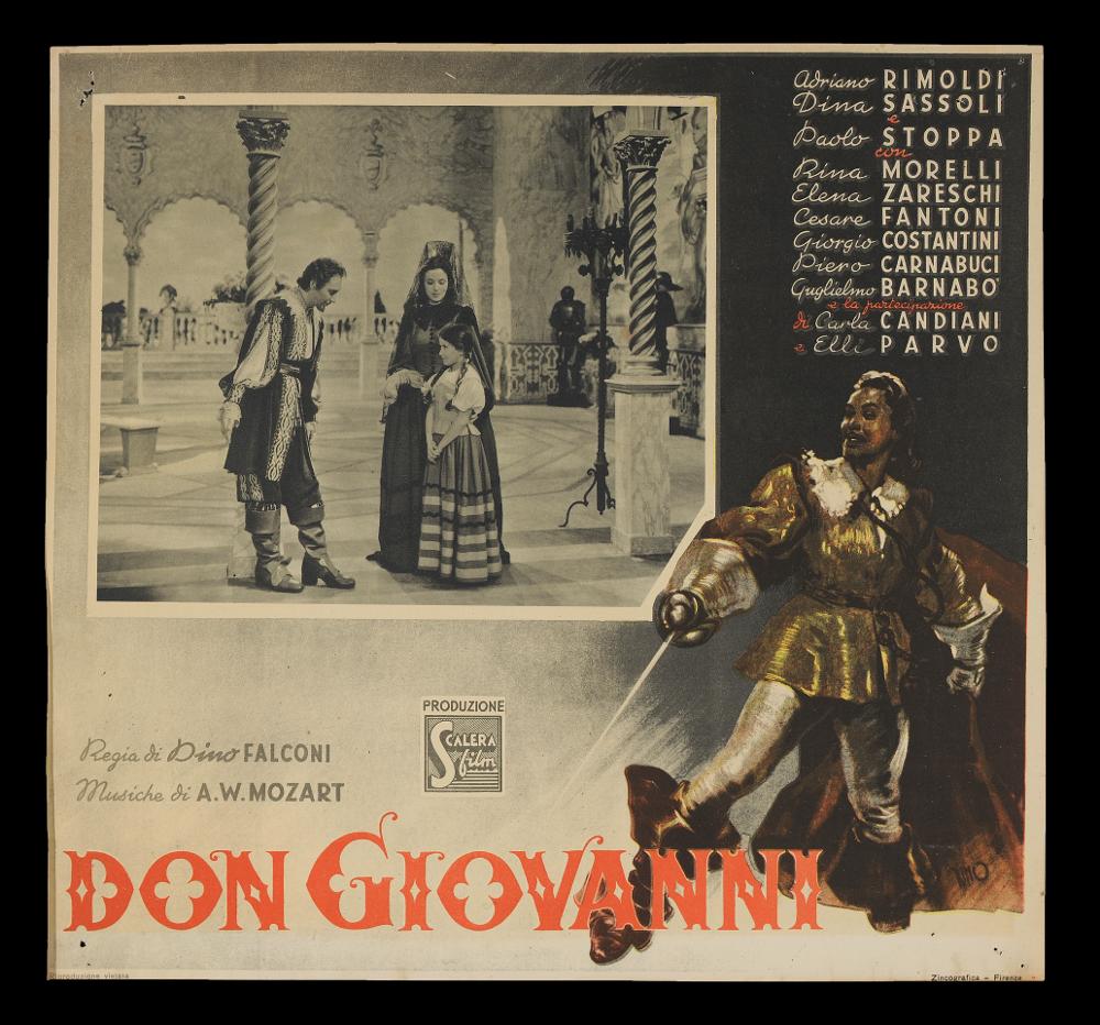 L'immagine riproduce uno dei manifesti conservati presso la Mediateca Regionale Pugliese (vedi Note). Si tratta nello specifico di un soggetto della fotobusta del film italiano “Don Giovanni” del 1942 per la regia di Dino Falconi. L'illustrazione sulla destra è dell’artista Rino, che ritrae Don Giovanni con la spada, con rapidi tratti di colore, cangianti e luminosi. Il lettering utilizzato per il titolo, insieme all'ambientazione della fotografia, rimandano ad atmosfere seicentesche....