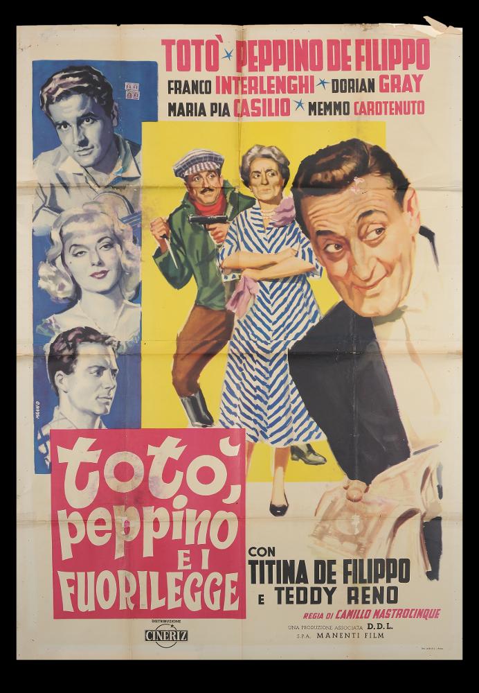 L'immagine riproduce uno dei manifesti conservati presso la Mediateca Regionale Pugliese (vedi Note). Si tratta di una delle versioni del manifesto del film "Totò, Peppino e i fuorilegge", a firma di Manno (Dante Manno). L'impostazione monumentale per i grandi formati è tipica del pittore romano, formatosi all'Accademia di Belle Arti, dove fu allievo di Duilio Cambellotti, grande artista e pittore di cinema. Questo influenzerà la sua carriera e si dedicherà totalmente alla pittura di cinema, sua grande passione fino alla crisi degli anni '70. L'uso degli acquerelli e della tempera, di colori compatti e pastosi rendono le sue figure ben definite e morbide. Manno, come molti altri pittori dell'epoca dediti alla pittura per manifesti, si fece interprete del filone Neoreali...