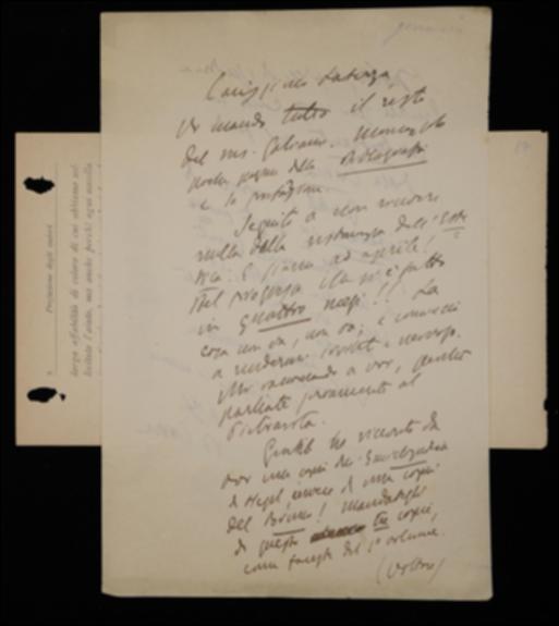 Nella lettera, Benedetto Croce comunica a Giovanni Laterza la restituzione delle bozze del volume di Ferdinando Galiani e lamenta di non ricevere più bozze del suo volume di estetica, per cui sollecita l'editore ad intervenire presso la tipografia. Lo invita poi a spedire a Giovanni Gentile tre copie del secondo volume di Giordano Bruno e una somma di denaro dal fondo de “La Critica”, sulla cui somma ritenere due abbonamenti giunti per errore allo stesso Gentile. Infine chiede all'editore la data del suo viaggio a Napoli.
