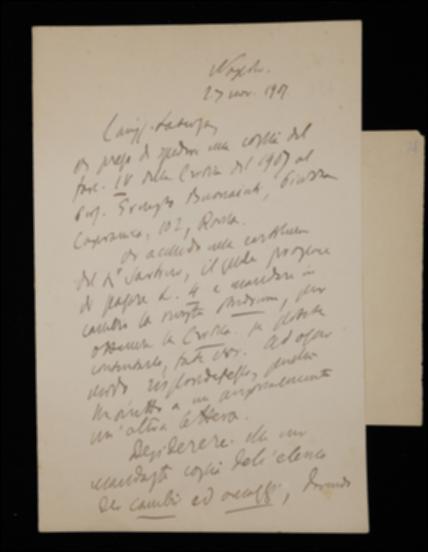 Nella lettera, Benedetto Croce rivolge a Laterza alcune richieste in merito alla distribuzione del suo periodico e lo invita poi a fornire alla tipografia Vecchi alcune istruzioni per accelerare la stampa del primo volume del suo “sistema filosofico”.
