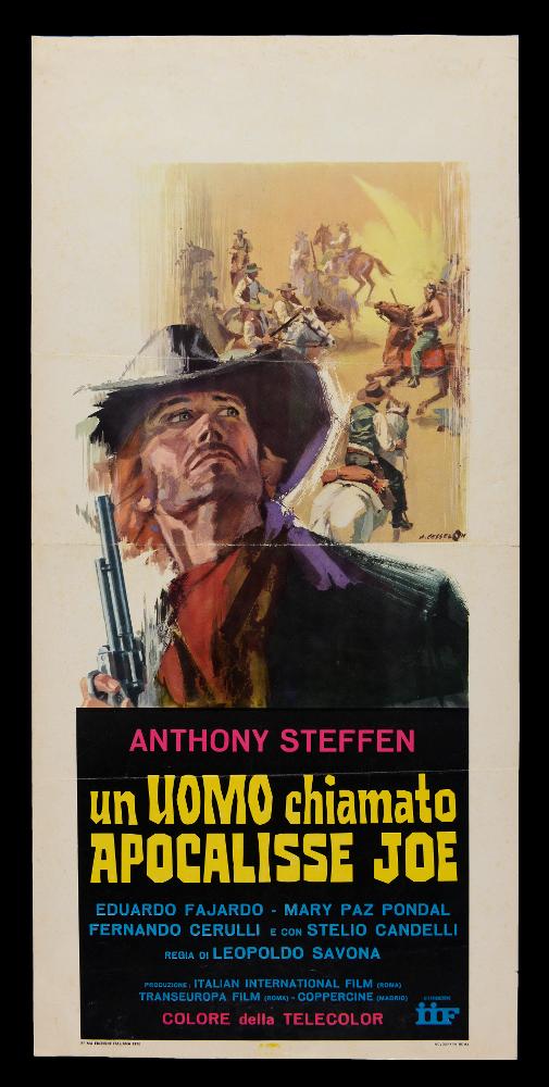 “Un uomo chiamato Apocalisse Joe” è un film del 1970 diretto da Leopoldo Savona, su sceneggiatura scritta insieme a Eduardo Manzanos. Tra gli interpreti principali ricordiamo Anthony Steffen, Eduardo Fajardo, Mary Paz Pondal, Fernando Cerulli.
La locandina cinematografica è opera del celebre pittore di cinema Angelo Cesselon, considerato uno dei maestri più originali per il suo stile caratterizzato da composizioni innovative e da un cromatismo dinamico espresso a colpi di pennello e di spatola, influenzato anche dalla pittura dell’Ottocento. Nato a Venezia nel 1922, Cesselon unisce il linguaggio figurativo con l’astrattismo e la pop art. La composizione è pittoresca, caratterizzata da tocchi sfumati, intensi e contrastati giochi di colore, pennellate leggere. Straordina...