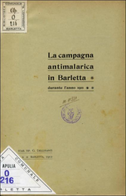 Il documento digitale riproduce l'opuscolo originale dal titolo "La campagna antimalarica in Barletta durante l'anno 1911". L'opuscolo è il resoconto informativo sull'attività svolta nel 1911 dall'ambulatorio antimalarico di Barletta. Si evidenzia, quindi, l'importante lavoro svolto dall'équipe dell'ambulatorio che lavorò sulle norme di profilassi e la loro diffusione tramite fogli a stampa per aiutare la popolazione a difendersi e curarsi dalla malaria, malattia infettiva che colpì la Puglia nel primo decennio del Novecento. Il libretto è catalogato e conservato all'interno della Biblioteca comunale Sabino Loffredo di Barletta insieme ad altri opuscoli risalenti al primo decennio del Novecento.