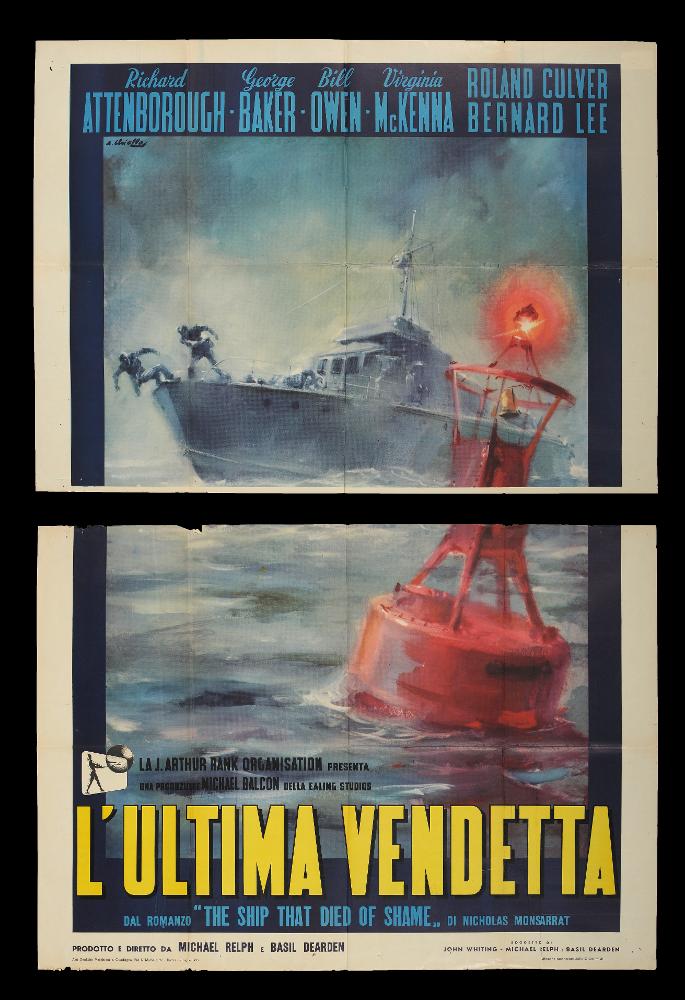 L'immagine riproduce uno dei manifesti conservati presso la Mediateca Regionale Pugliese (vedi Note). Si tratta di una delle versioni grafiche del manifesto del film “L'ultima vendetta”, del 1955. L’illustratore del manifesto è Averardo Ciriello, come si evince dalla firma in alto a sinistra. Emerge anche in quest'opera il suo tipico tratto pittorico, caratterizzato da un uso del colore in funzione simbolica e fortemente emotiva, con un’attenzione, quasi maniacale, per il dettaglio e le sfumature chiaroscurali. Lo spazio compositivo è suggestivo; grazie alla sua maestria e ad un uso della pittura sfumata e vellutata, Ciriello immerge il fruitore in un'atmosfera fumosa ed enigmatica in cui le uniche figure sono il mare, una nave e una boa di segnalazione illuminata. Il m...