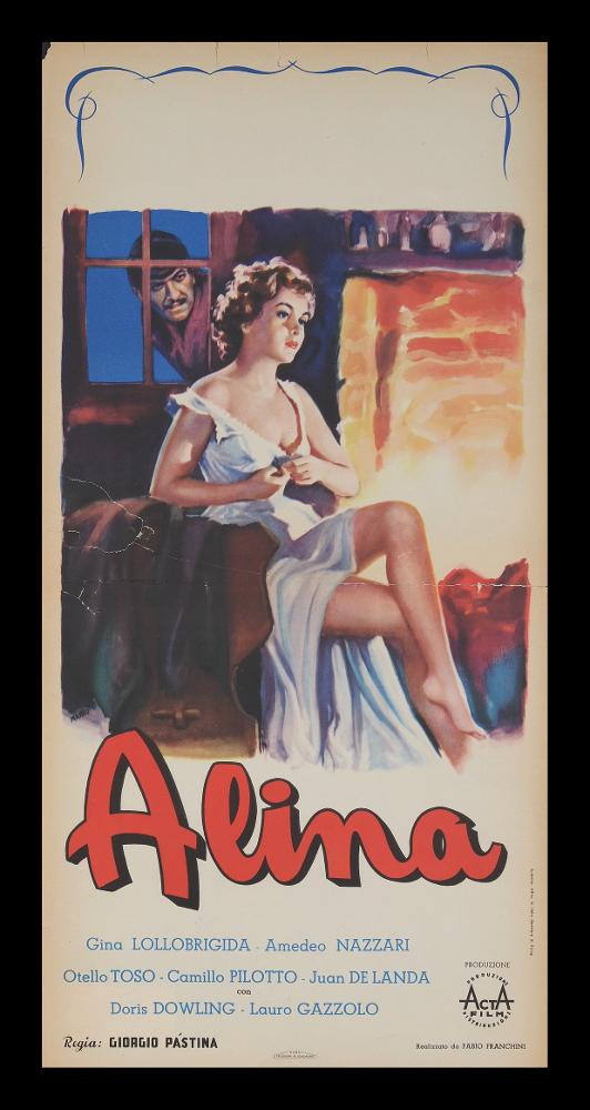 L'immagine riproduce uno dei manifesti conservati presso la Mediateca Regionale Pugliese (vedi Note). Si tratta di una delle versioni grafiche della locandina del film "Alina", a firma di Manno (Dante Manno). Formatosi all'Accademia di Belle Arti, dove fu allievo di Duilio Cambellotti, è stato un grande artista e pittore di cinema. Questo influenzerà la sua carriera, dedicandosi totalmente alla pittura di cinema, sua grande passione fino alla crisi degli anni '70. L'uso degli acquerelli e della tempera, di colori compatti e pastosi rendono le sue figure ben definite e morbide, unendo un certo stile classico e accademico ad una grafica moderna. Manno, come molti altri pittori dell'epoca dediti alla pittura per manifesti, si fece interprete del filone Neorealista dei film...