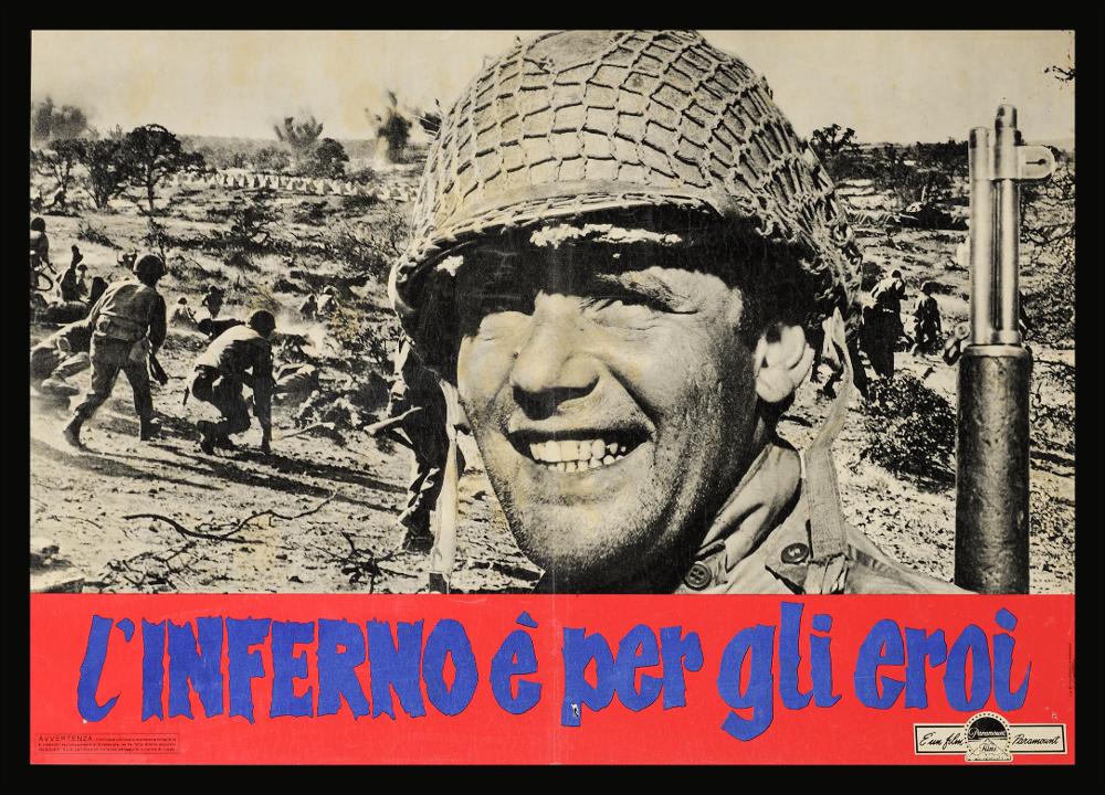 L'immagine riproduce uno dei manifesti conservati presso la Mediateca Regionale Pugliese (vedi Note). Si tratta di una delle fotobuste del film “L'inferno è per gli eroi” del 1962 per la regia di Don Siegel. La composizione è costituita esclusivamente da una fotografia di scena del film, rigorosamente in bianco e nero, un grande ritratto di un soldato in primo piano e sullo sfondo i suoi compagni. Al di sotto, in un rettangolo rosso, il titolo in blu e a caratteri maiuscoli utilizzati solo per rappresentare la parola inferno, della quale colpisce il frastagliato delle lettere, quasi a voler rendere visivamente la paura della battaglia....