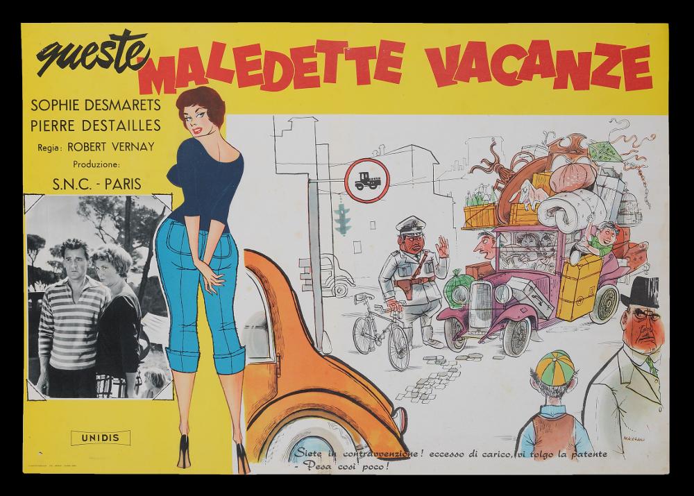 L'immagine riproduce uno dei manifesti conservati presso la Mediateca Regionale Pugliese (vedi Note). Si tratta di uno dei soggetti realizzati per la fotobusta del film francese “Queste maledette vacanze” del 1955. Majorana (o Maiorana) firma, oltre al manifesto, la serie dei soggetti con una bella illustrazione che occupa gran parte della composizione, caratterizzandola con uno stile fumettistico, mescolando il bianco e il nero grafico, come realizzato a matita, con alcuni colori decisi. Come per il grande manifesto, ci si trova davanti ad una scena in cui l'artista esprime ironicamente l'idea "drammatica" dello spostamento per le vacanze estive con tutta la famiglia, rendendo così il pubblico coinvolto poiché si riconosce, si immedesima idealmente nella scena narrata....