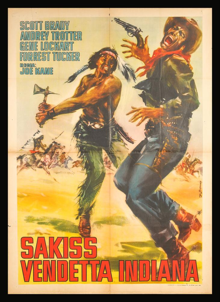 L'immagine riproduce uno dei manifesti conservati presso la Mediateca Regionale Pugliese (vedi Note). Si tratta di una delle versioni grafiche per il manifesto del film “Sakiss, vendetta indiana” del 1955 per la regia di Joseph Kane. Sulla destra in basso leggiamo la firma di D. Stefano che potrebbe anche essere Di Stefano, autore di molti manifesti cinematografici che hanno per soggetto indiani o cowboy come nel nostro caso. La composizione grafica in oggetto è di grande impatto visivo per la rappresentazione delle due grandi figure in primo piano, immortalate durante uno scontro armato, da un lato l'indiano, davanti un cowboy che, seppur di spalle alle spettatore, colpito è visibile in tutto il suo dolore. Sullo sfondo sembra esserci l'attacco da parte dei pellerossa ...