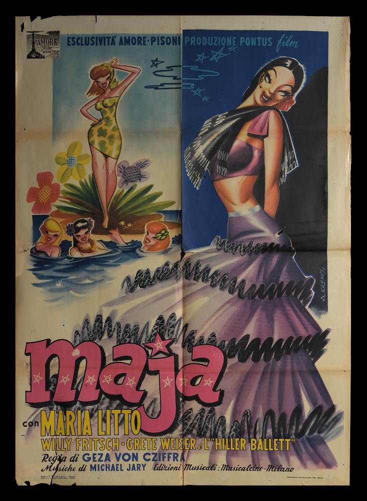 L'immagine riproduce uno dei manifesti conservati presso la Mediateca Regionale Pugliese (vedi Note). Si tratta di uno dei manifesti del film “Maja” del 1951 per la regia di Géza von Cziffra. La firma che si legge è dell’illustratore Kremos, nome d’arte di Niso Ramponi, disegnatore dalle qualità eccezionali; seppe contraddistinguersi per il suo stile fumettistico che esaltava la donna, con forme sensuali volutamente accentuate, in pieno stile pin-up. Non a caso, fu ironicamente soprannominato il "Sovrano di donnine" de Il Travaso, uno dei più popolari giornali umoristici italiani del Novecento. La collaborazione con il giornale iniziò nel 1948 e le sue figure femminili in copertina portarono ad un aumento notevole delle tirature. Riconoscibili e bellissime, le donne di ...